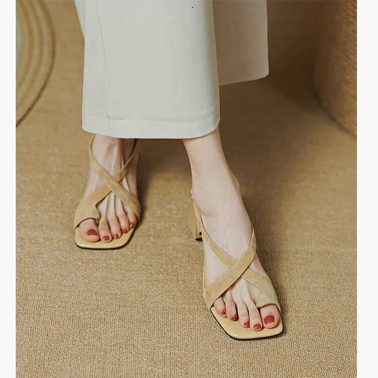 Sandals Women Summer Shoes Woman 2023 Flip Flops Chunky Blue Heels Medium Heel Dress Slides Roman Elegant Sexy Fashion Footwear