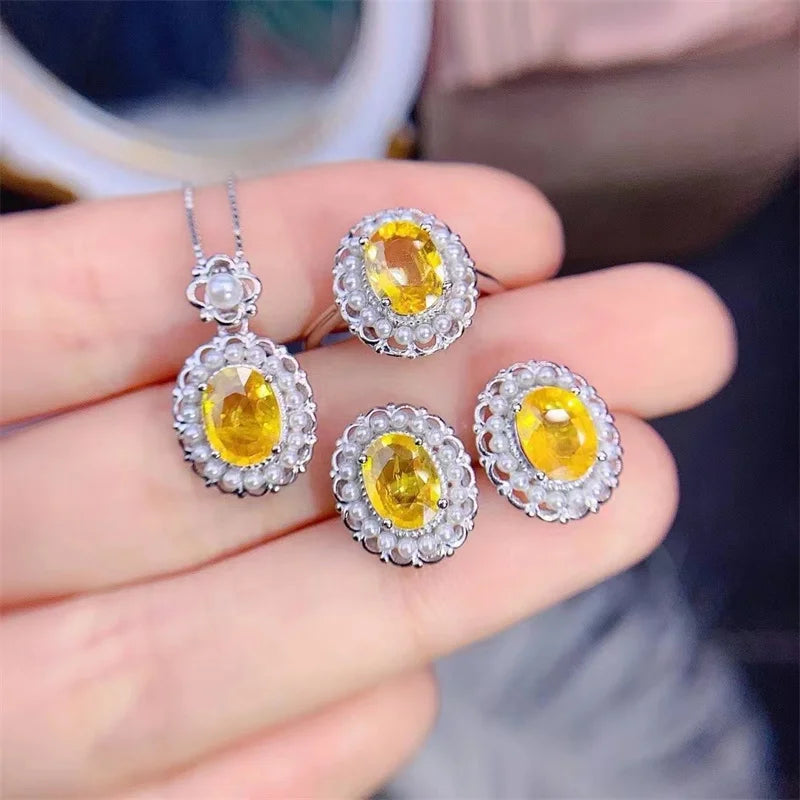 Natural yellow sapphire ring&earring&pendant set, crafted with 925 silver inlay,exquisite and fashionable, a gift for loved ones