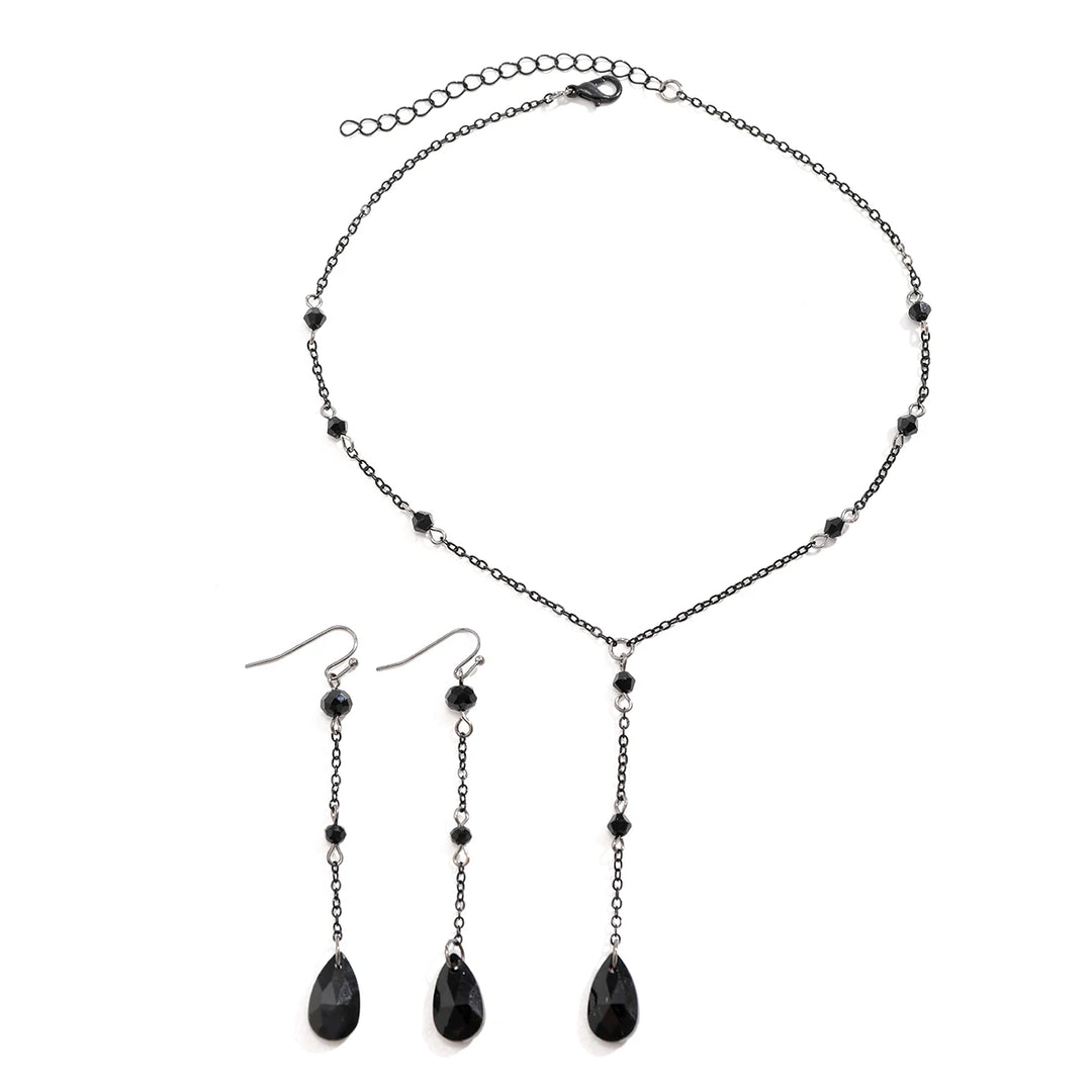 KunJoe Gothic Black Crystal Pendant Earrings Necklace Set for Women Vintage Punk Metal Chain Jewelry Set Party Gifts