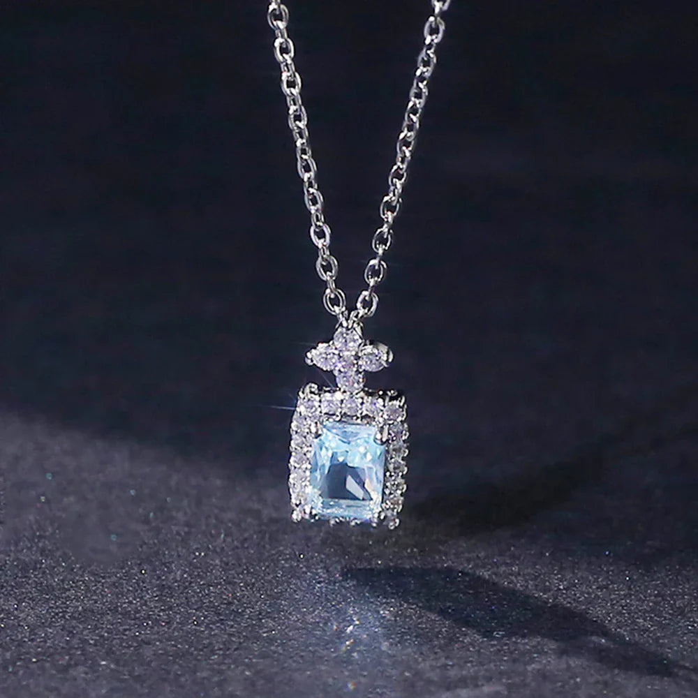 1 Pc Fashion Water Drop Square Full Diamond Exquisite Zircon Copper Silver Colour Necklace Women Causal Daily Prom Gifts Jewelry