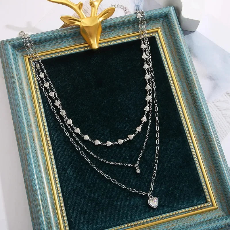 Senior love heart star multi layered crystal pendant necklace for women charm gold color stainless steel choker chain jewelry