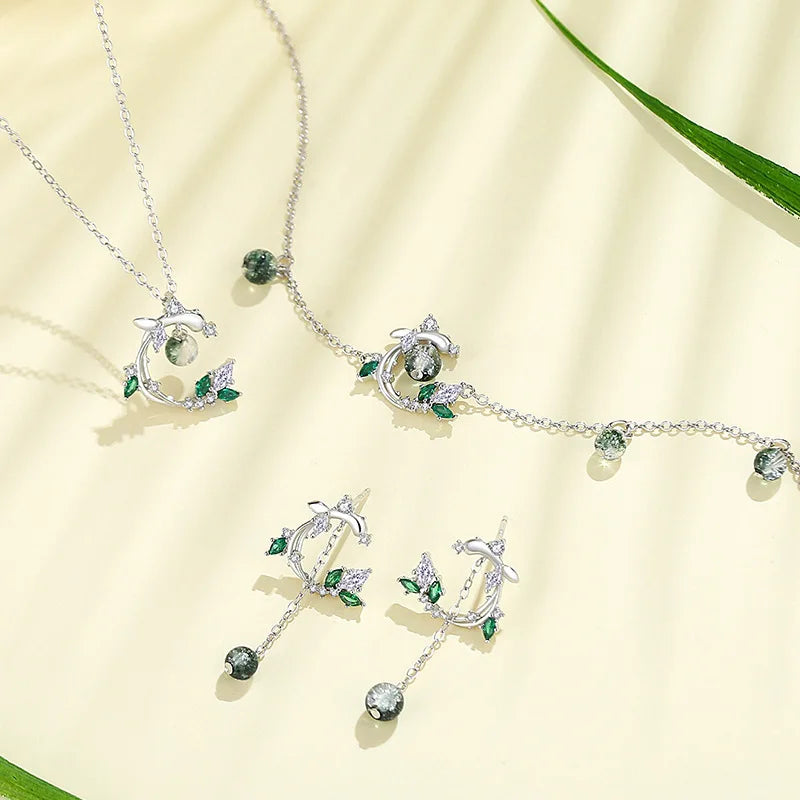 VENTFILLE 925 Sterling Silver Zircon Earring Necklace Set For Women Green Crystal Leaf Bead Sweet Jewelry Gift Dropshipping