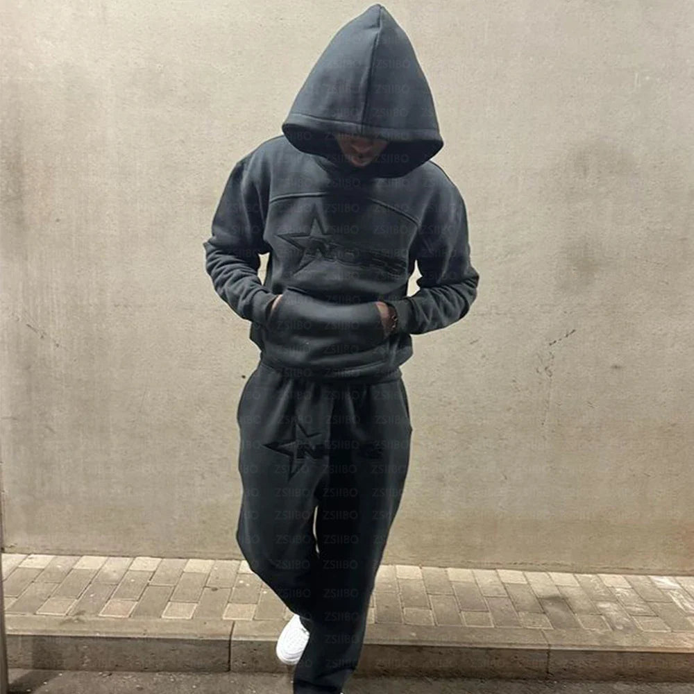 Harajuku Hoodies Men Y2k Hip Hop Leeter Graphic Print Hooded Sweatshirt Punk Rock Oversized Pullovers Baggy Sweatpants Suits