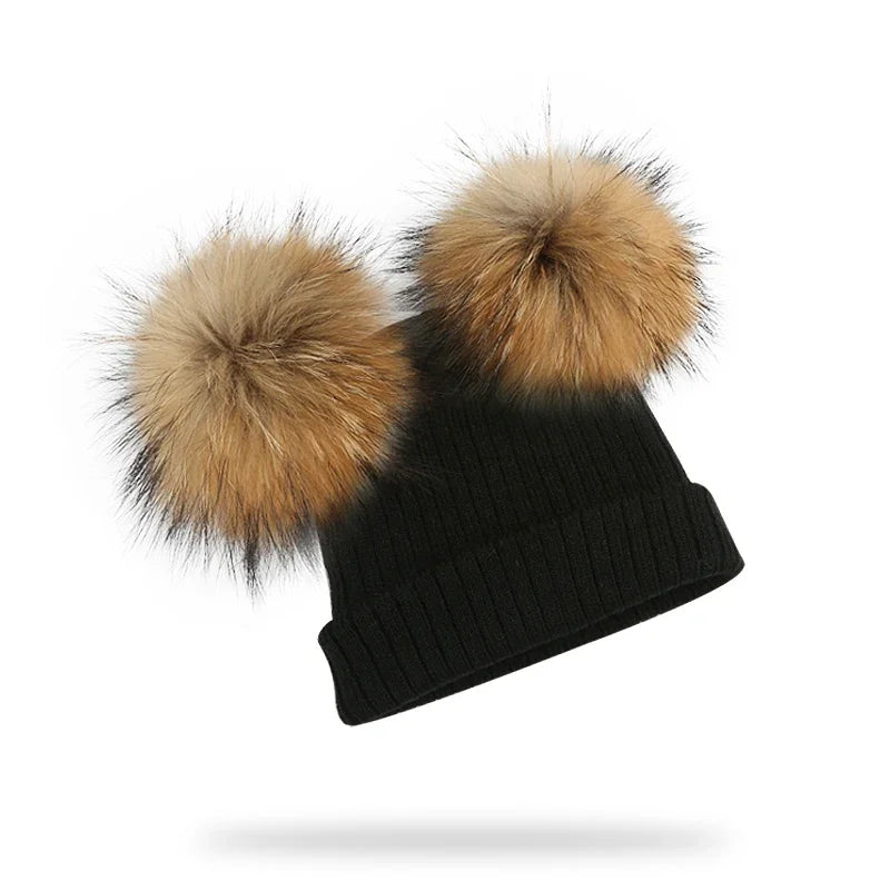 Winter Kids Natural Raccoon Fur Double Pompon Hat And Scarf For Girls Baby Cap With Genuine Pompom Children's Accessories Bonnet