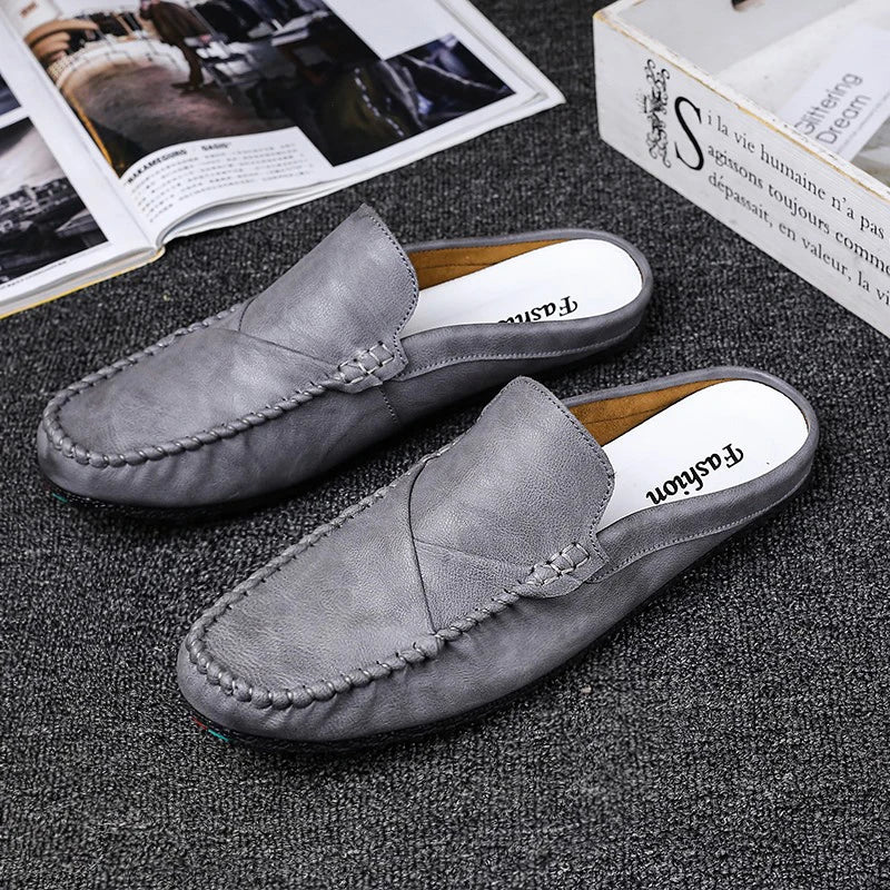 New 2023Half Shoes For Men Leather Half Slipper Slip On 3 Colors Flat Italian Style Fashion Driving Shoes Man Ciabatte