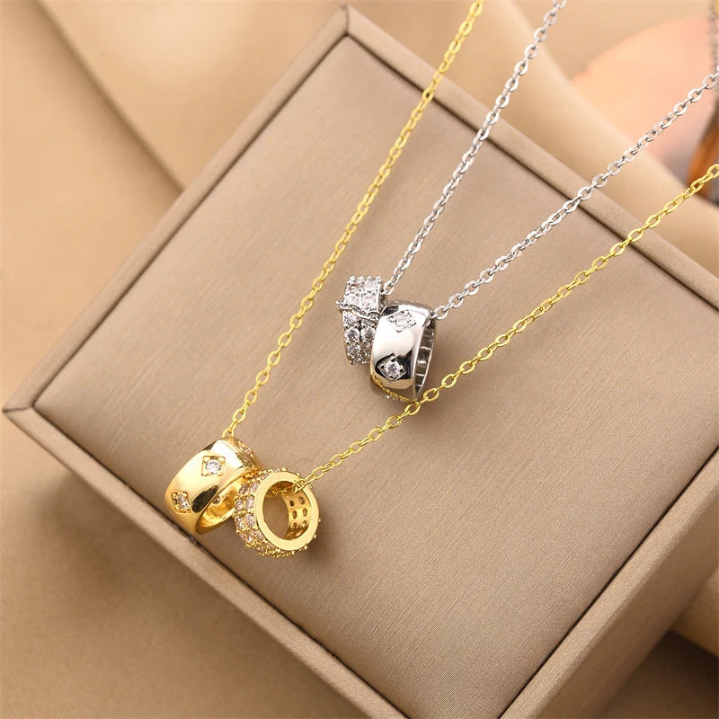 GD Luxurious Fashion Crystal Rhombus Necklace with Stainless Steel Ring Pendant Non Tarnish Gold Color Jewelry for Women