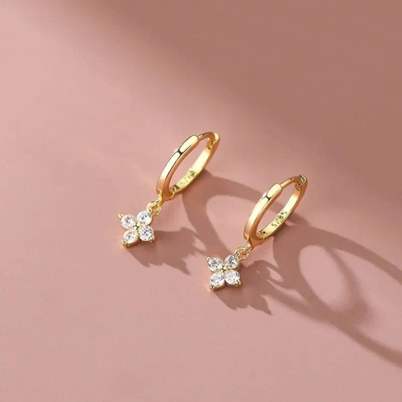 925 silver needle zircon four leaf hoop earrings for women girls fashion huggies party wedding  jewelry gift eh190