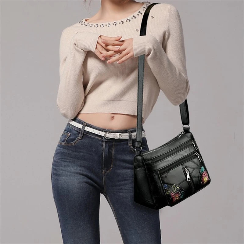 Luxury Soft Leather Women Messenger Shoulder Handbags and Purses Flowers Multi-pocket Crossbody Mommy Bag Ladies Sac 2024 New