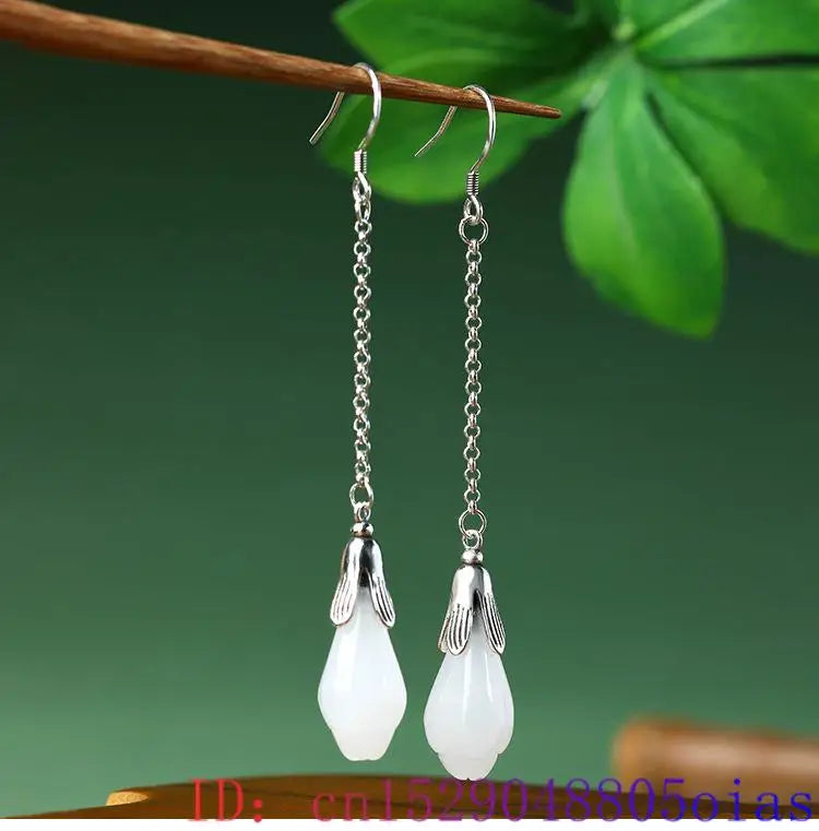 White Real Jade Flower Earrings Stone Gifts Women Accessories Luxury 925 Silver Natural Jewelry Gemstone Charm Designer Energy