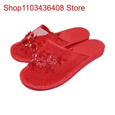 Women Stylish Mesh Floral Slippers Flats Flip Flop Loafers Ladies Mules Fresh Breathable Home Floor Parent-Child Eva Bottom