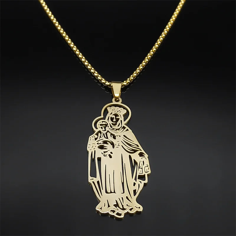 The Virgin Mary of Christian Jesus Necklace for Women Men Stainless Steel Gold Color Catholicism Sacred Jewlery joyas NZZZ508S01