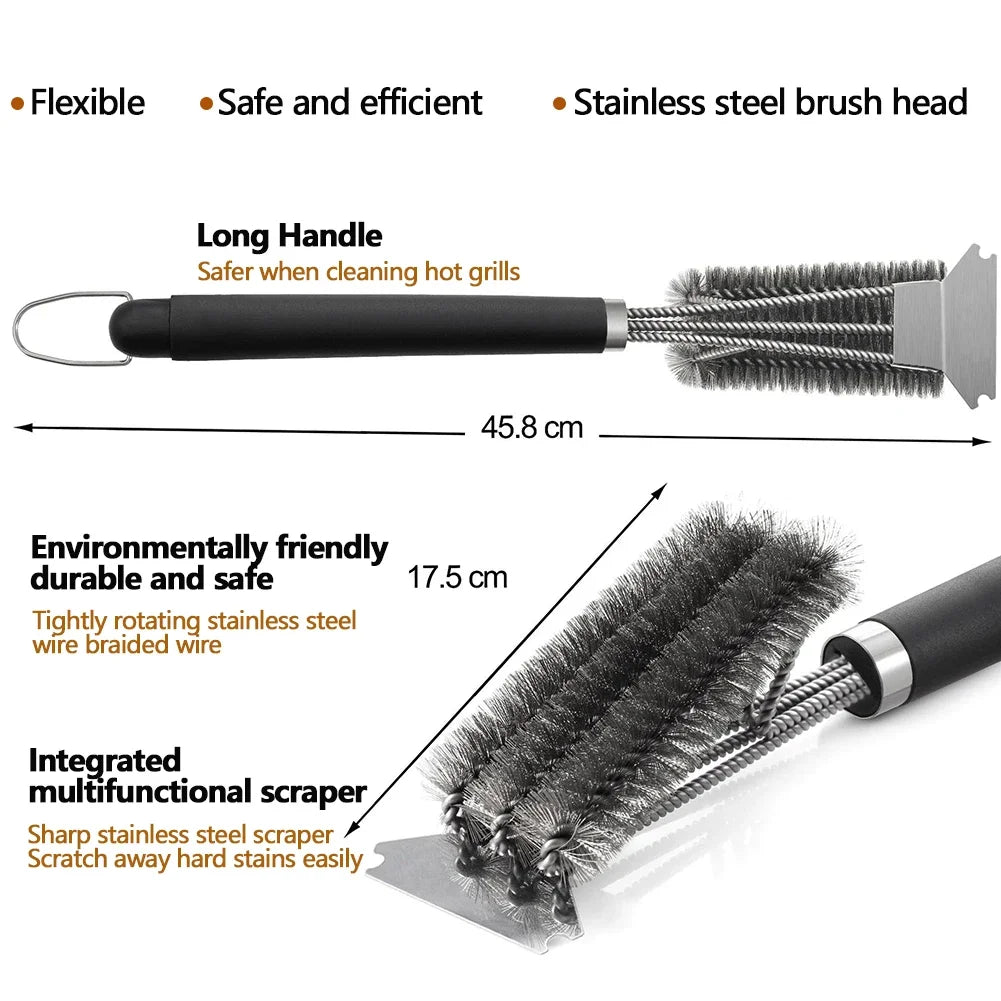 BBQ Grill Barbecue Kit Cleaning Brush Stainless Steel Cooking Tools Kitchen Accessories Wire Bristles Triangle Cleaning Brushes