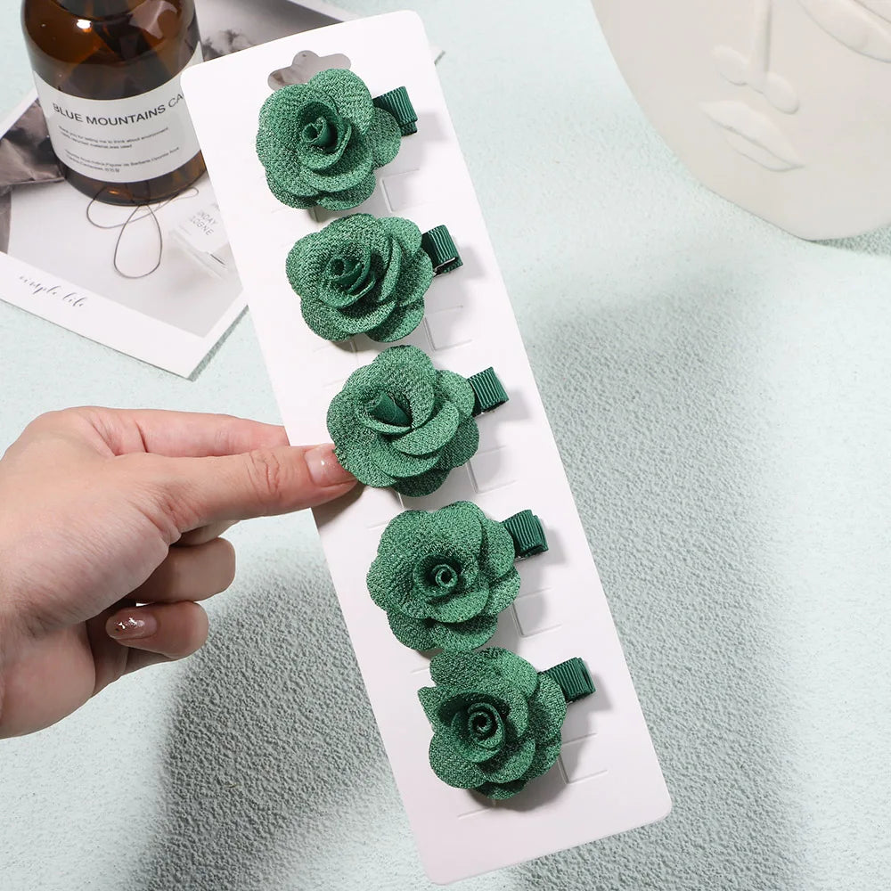 5Pcs/Set Solid Color Sweet Camellia Hair Clips For Kids Girls Flower Hairpins Covered Safety Clips Headwear Hair Accessories