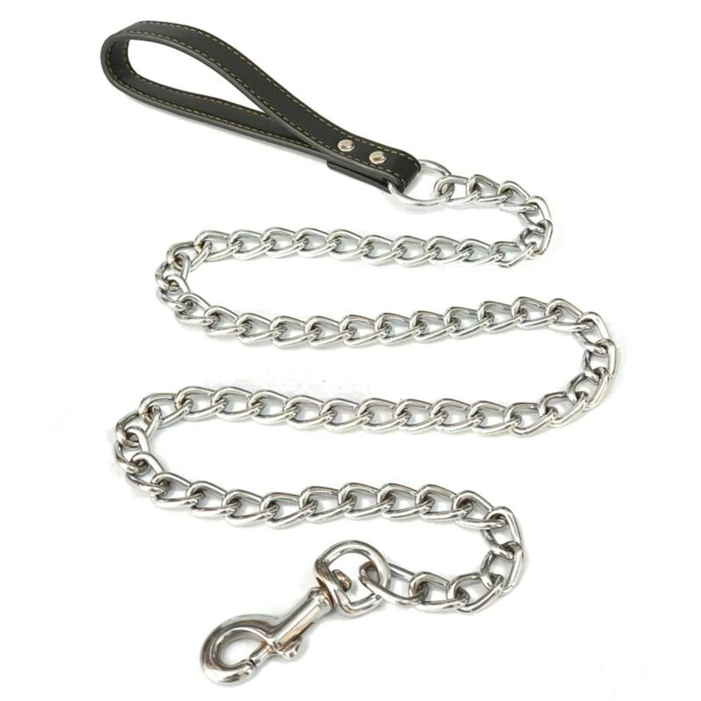 Metal Chain Dog Lead With Leather Style Handle Strong Control Leash Iron Dog Pets Supplies Collars Harnesses