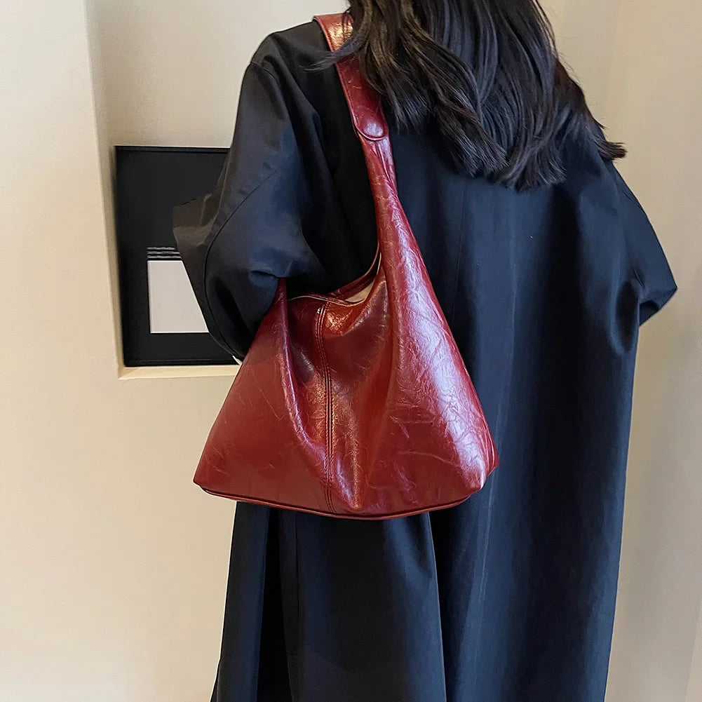 Soft PU Leather Quality Underarm Bag Vintage Wine Red Ladies Shoulder Bag Commuter Large Handbag 2pcs Women's Versatile Tote Bag