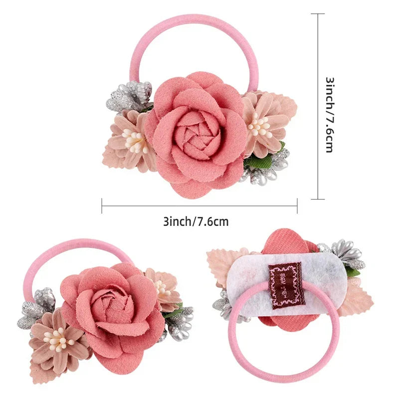 Elastic Flower Hair Bands for Girls Ponytail Holders Kids Floral Hair Tie Baby Pearls Hairband Headwear Rubber Hair Accessories