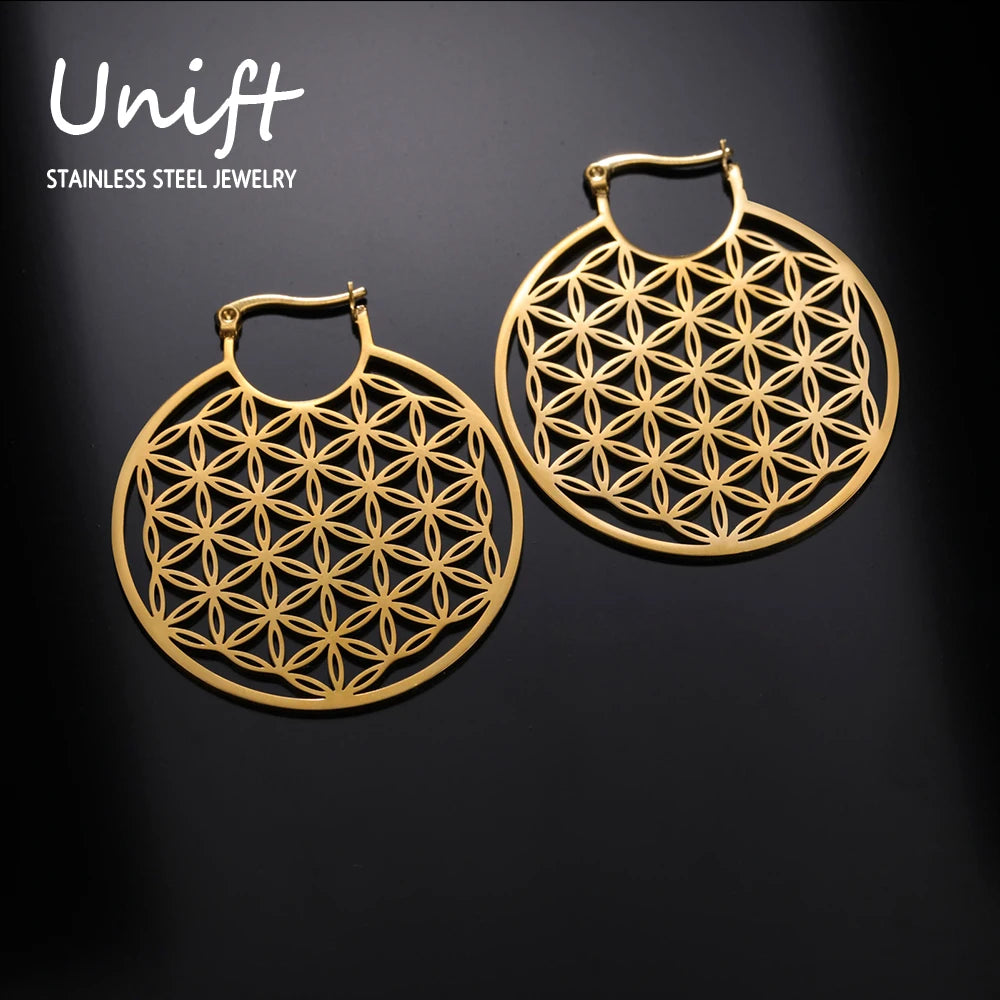 Unift Mandala Flower of Life Women Hoop Earrings Stainless Steel Big Earrings Vintage Piercing Jewelry Sacred Amulet Party Gift