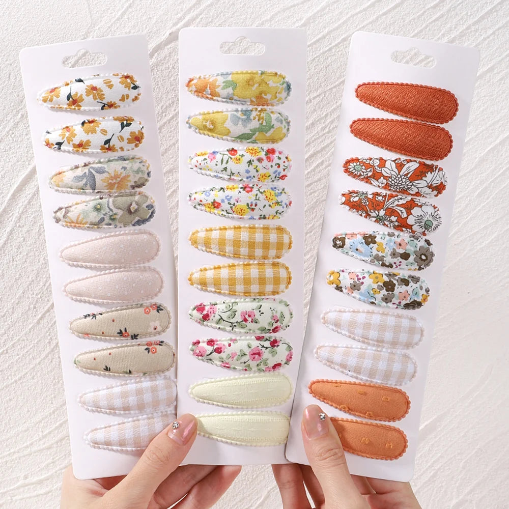 10Pcs/Lot Newborn Print Cotton Alloy Hair Bow Snap Clips Set Fabric Plaid Hairpins Girls Kids Headwear Baby Hair Accessories