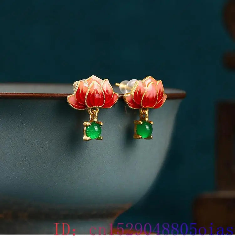 Green Real Jade Lotus Earrings Stone Women Gift Ear Studs Carved Luxury Designer Talismans Natural Jewelry 18K Gold Plated