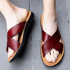 2023 Fashion Men Real Leather Slippers Summer New Black White/red/yellow Cross Over Slippers Men's Leisure Comfort Flat Sandals