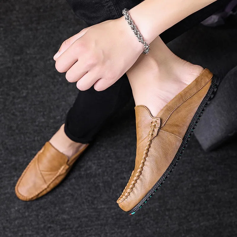 New 2023Half Shoes For Men Leather Half Slipper Slip On 3 Colors Flat Italian Style Fashion Driving Shoes Man Ciabatte