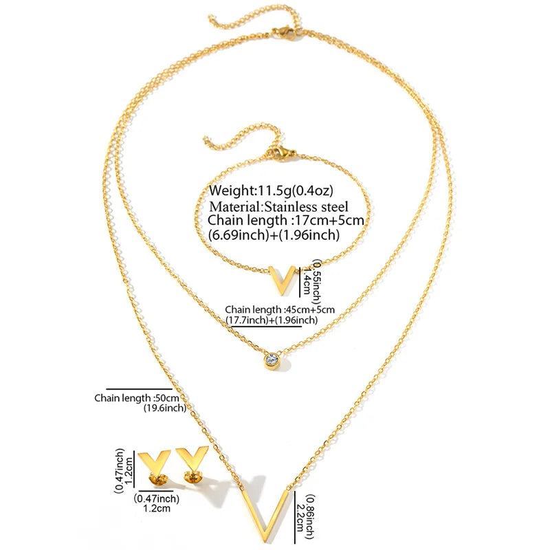 316L Fashion Sweet V-letter Pendant Necklace Bracelet Earrings Micro-inlaid Zircon Colorfast Hip-hop Jewelry Set