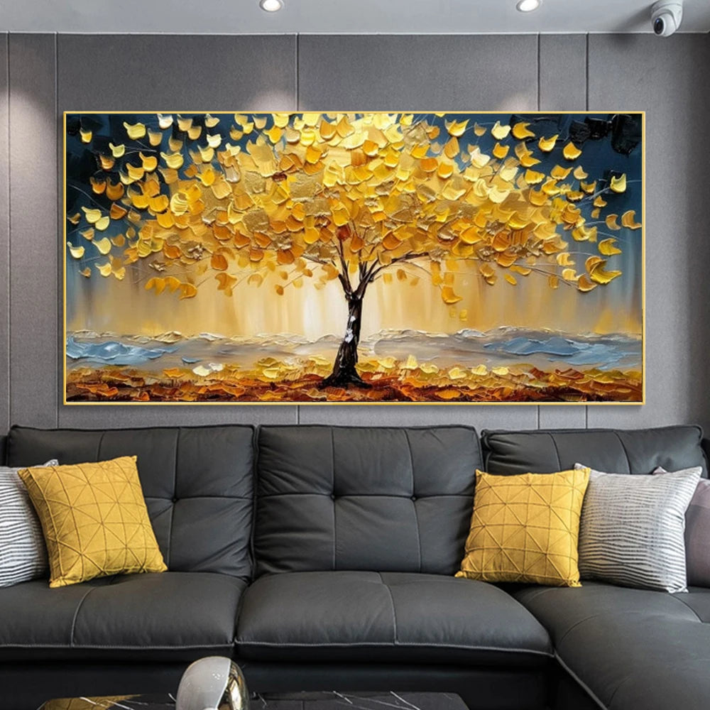 Abstract Golden Tree Prints Oil Painting on Canvas Yellow Life Tree Wall Art Modern Lucky Money Tree Canvas Poster Home Decor