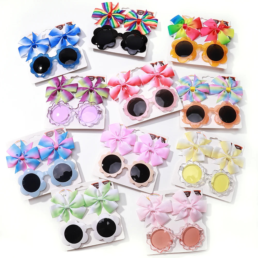 3Pcs/set Kids Cute Solid Dot Hairpin Colorful Heart Sun Glasses Set Girls Boutique Bowknot Hair Clips Children Hair Accessories