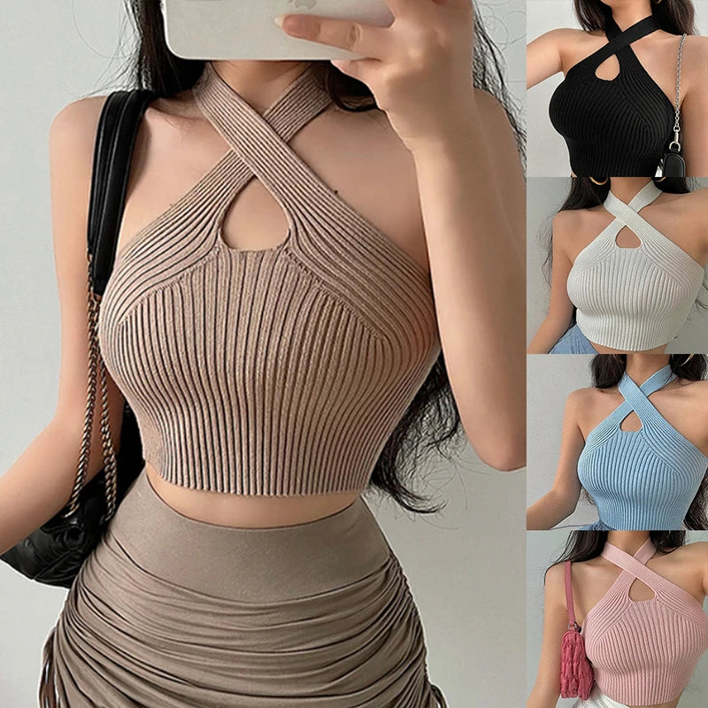 Sexy Cross Vest Crop Tops Women Sports T-shirt Knitted Off Shoulder V-Neck Solid Backless Tank Vest Halter y2k Top Camisole 2022