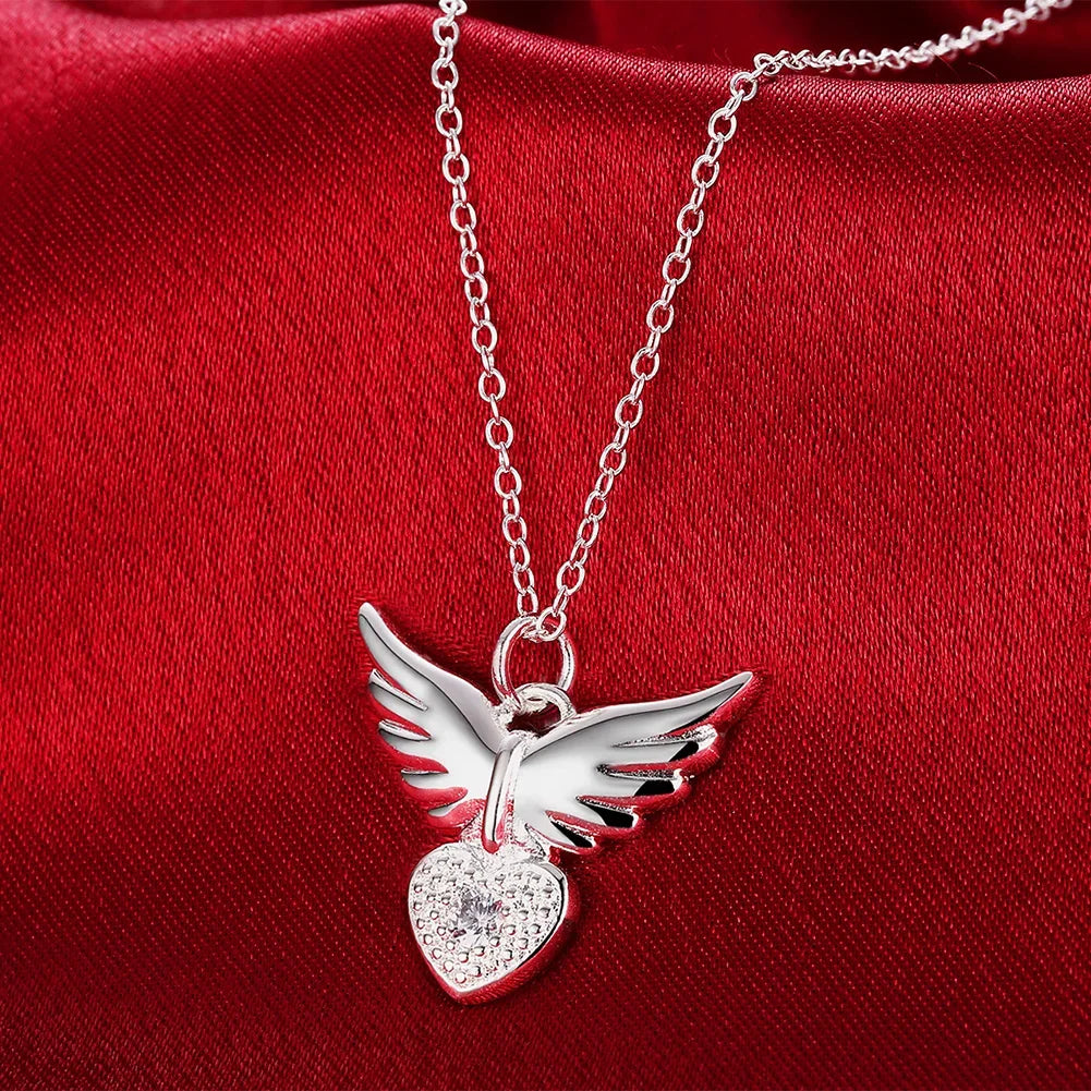 925 Sterling Silver 18 inches Zircon elegant Heart wings Pendant Necklace For Women Fashion Jewelry Christmas Gifts