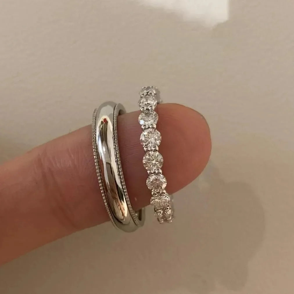 S925 Sterling Silver Simple Versatile Romantic Couple Marriage Proposal Ring Stacked Wearing Full Circle Diamond Men Diamond