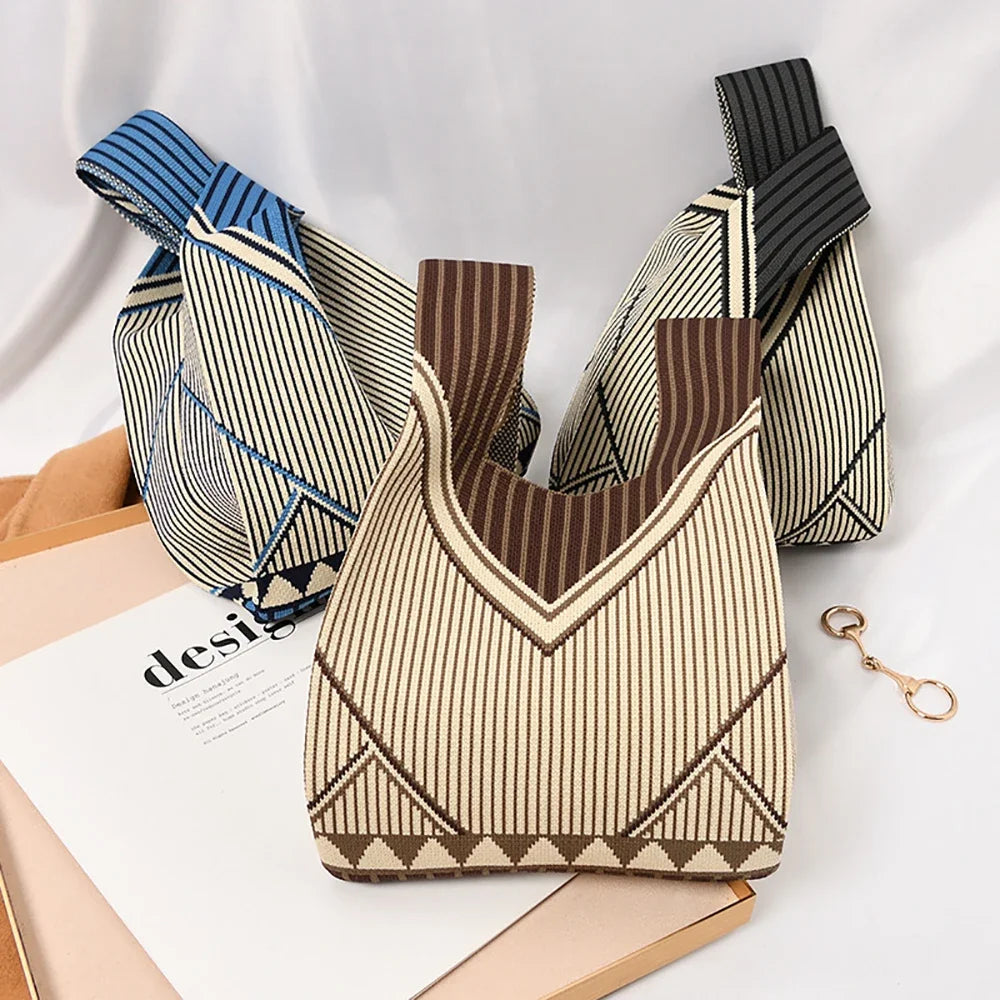 Handmade Knit Handbag Women Mini Knot Wrist-bag Female Casual Color Wide Stripe Plaid Tote Bag Student Reusable Shopping Bag