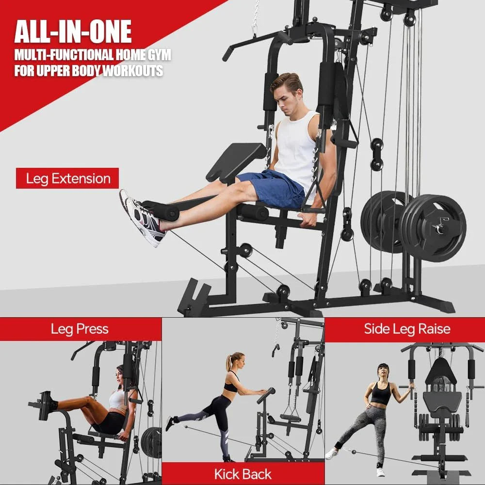 Home Gym Workout Station, Multifunctional Home Gym System with Leg Extension, Leg Press, Full Body Exercise Accessories