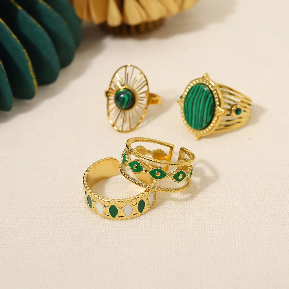 WILD & FREE 18K Gold Plated Vintage Stainless Steel Rings for Women Green Enamel Natural Stone Malachite Aesthetic Jewelry