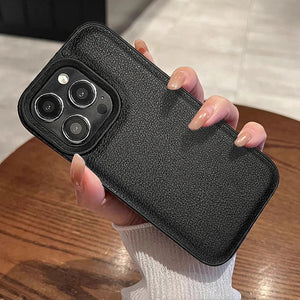 Luxury Black Faux Artificial leather Lychee pattern case For iPhone 12 13 14 15 pro max Hard back Silicone frame Cover