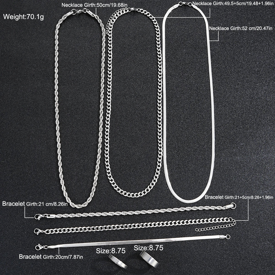 2024 New Simple Stainless Steel Silver Color Jewelry Sets for Men Unisex Punk Vintage Smooth Ring Necklace Bracelet Set Gifts