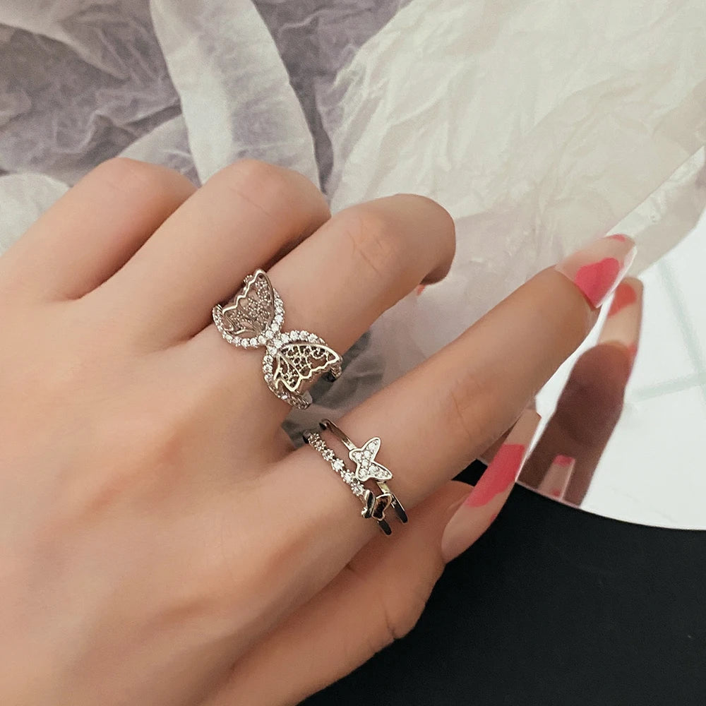 FAMSHIN New Simple Stereoscopic Butterfly Crystal Rings For Women Silver Color Open Adjustable Rings Punk Girls Jewlery Gift