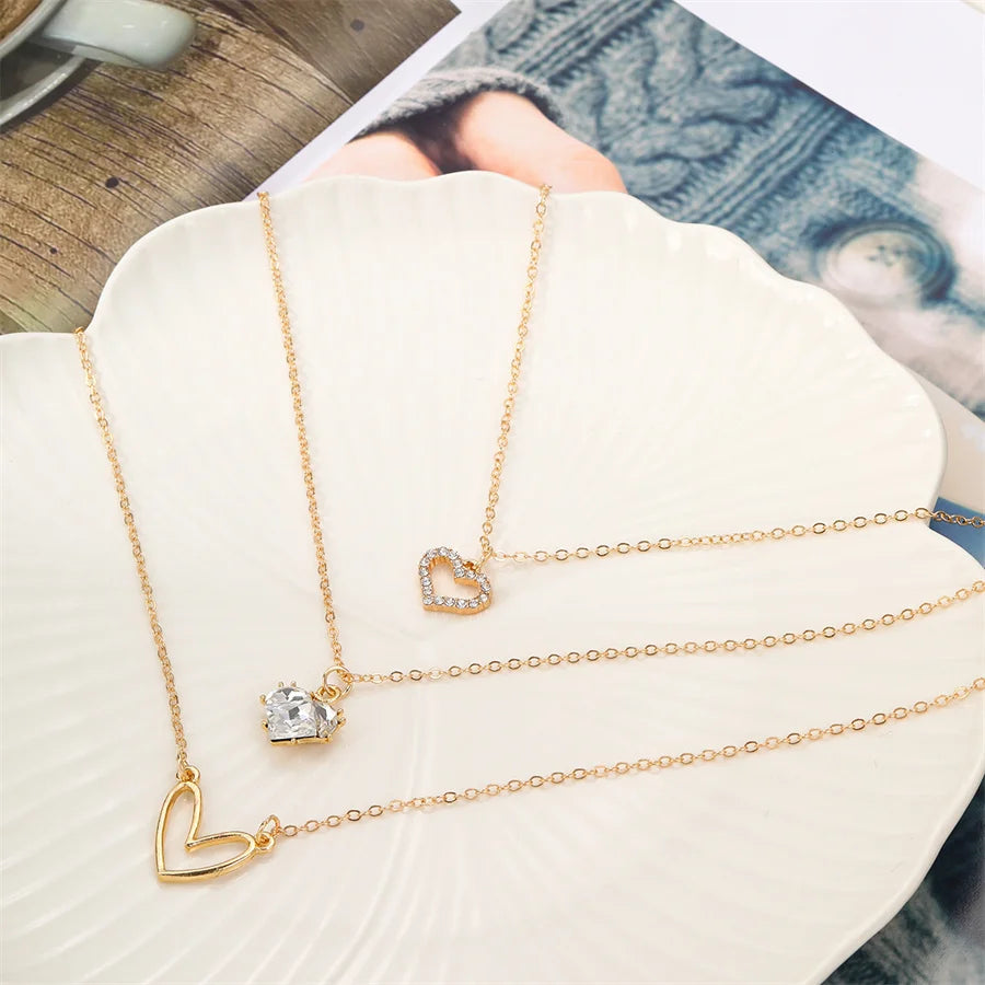 Crystal Zircon Heart Charm Layered Pendant Necklace Set for Women Charms Fashion Square Rhinestone Female Vintage Jewelry Gifts