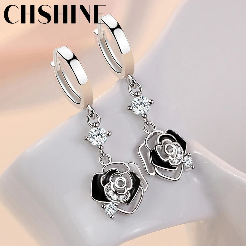 CHSHINE 925 Sterling Silver Black Rose Flower Earrings for Women's Wedding Gifts Fashion Jewelry