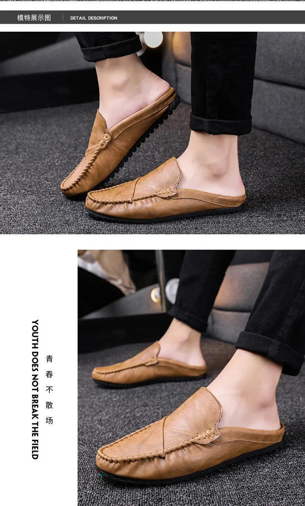 New 2023Half Shoes For Men Leather Half Slipper Slip On 3 Colors Flat Italian Style Fashion Driving Shoes Man Ciabatte