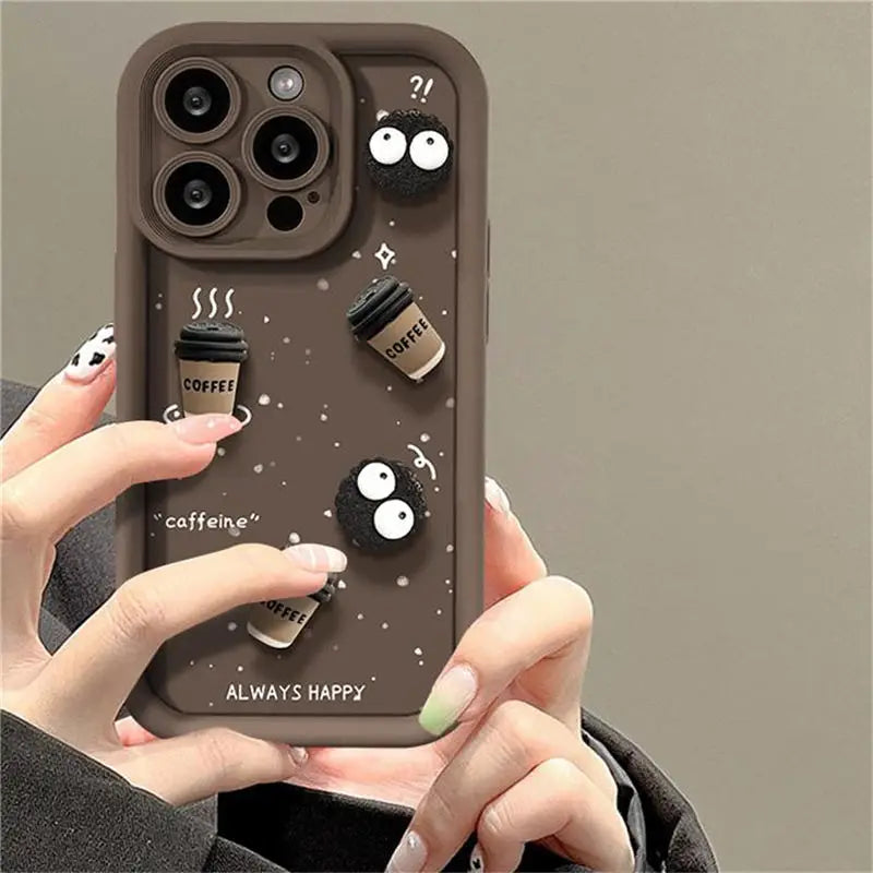 Cute Fun 3D Coal Ball Coffee Silicone Phone Case For iPhone 11 13 12 14 15 Pro Max 13 15 Pro XS XR XS Max Korean Cartoon Cover