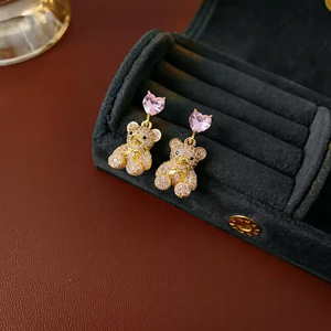 Zircon Love Bear Earrings for Women Korean Princess Sweet Drop Earring Fashion High-grade Sense Female Charms Jewelry Gifts