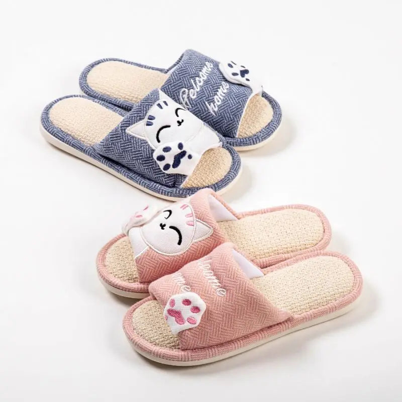 Cute Cat Platform Slippers Women Four Seasons New Linen Women's Thick Sandals Home Cartoon Slides Soft Non-slip Shoes 2024 New