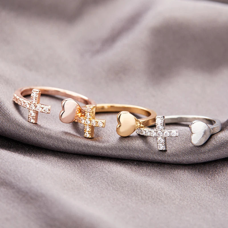 Women cross heart open rings korean zircon adjustable finger ring golden silver pink color stainless steel couple rings jewelry