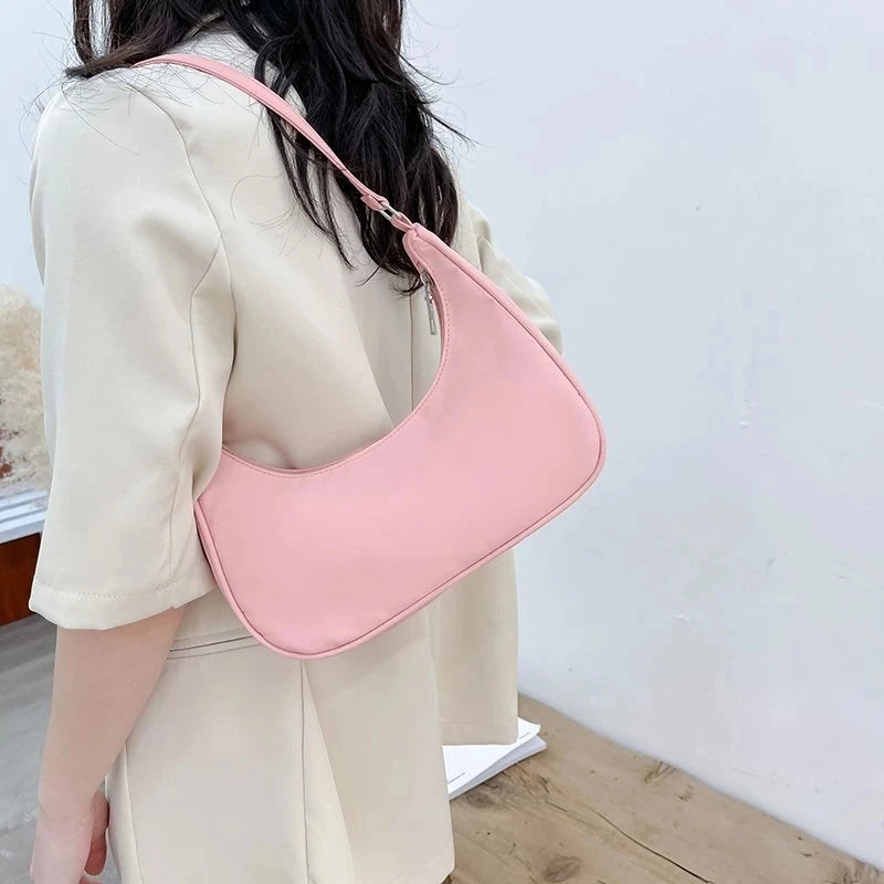 Fashion Simplicity Solid Color Shoulder Bag Women Underarm Bag Ladies Top-handle Clutches Black Beige White Pink Handbag Pouch