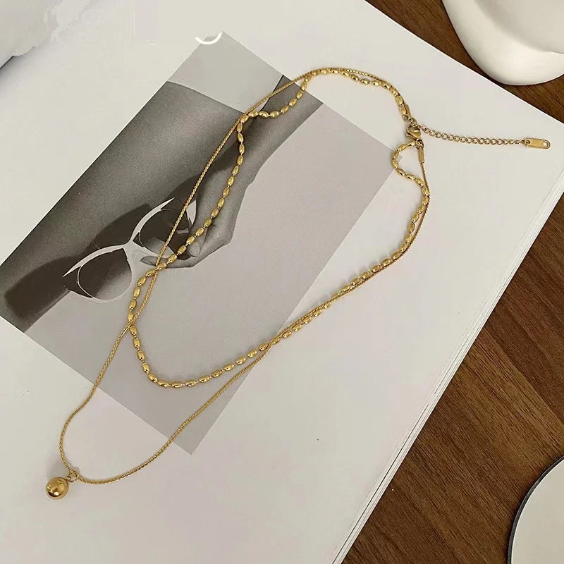 18K Gold Plated Titanium Steel Double Layered Bead Pendant Necklace for Women Teen Girls Dainty Fashion Jewelry Gifts for Her