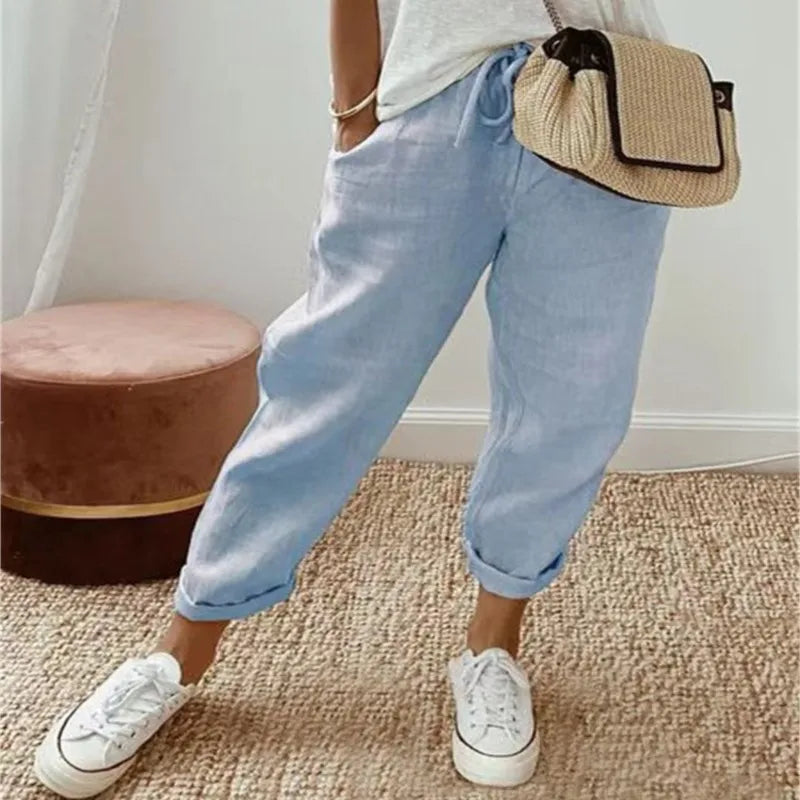 Women Cotton Linen Pants Summer New Loose Trousers Female Vintage Ankle-Length Wide Leg Trousers Fashion Office Ladies Bottom