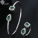 Load image into Gallery viewer, LXOEN 2pcs Pack Green Silver Color Bride Jewelry Set Halo Engagement Ring Adjustable Open Bracelet for Wedding Gift Christmas
