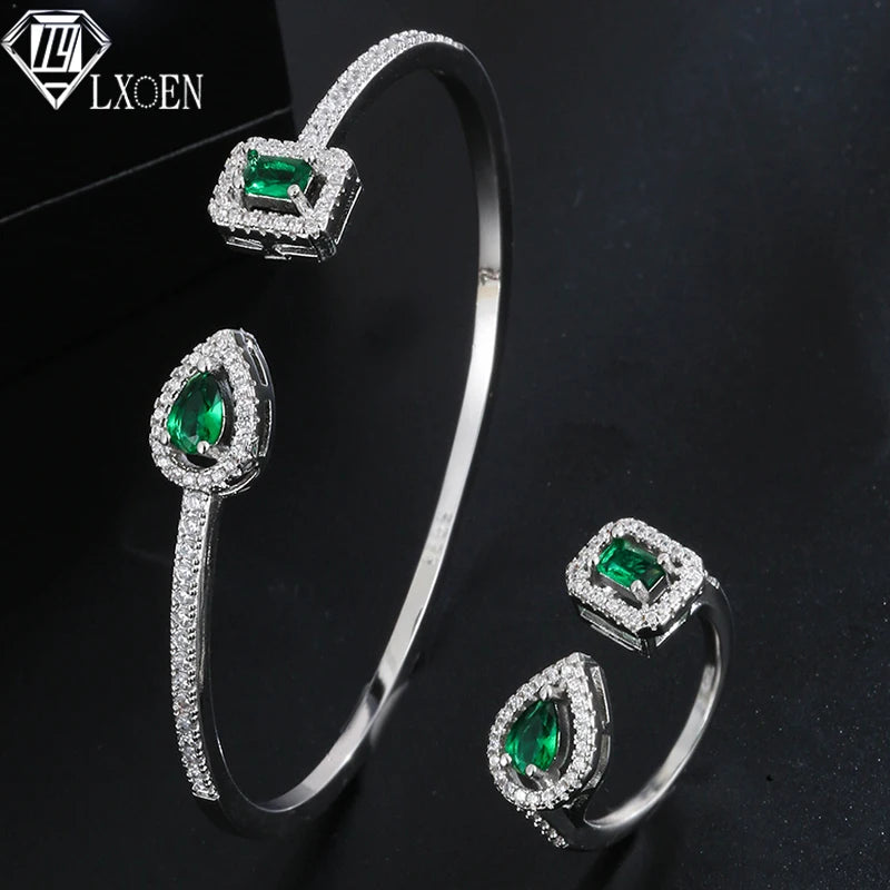 LXOEN 2pcs Pack Green Silver Color Bride Jewelry Set Halo Engagement Ring Adjustable Open Bracelet for Wedding Gift Christmas