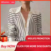 Women's Shirts & Blouses,Elegance Black and White Line Print Button Shirt,2024 Spring & Summer Plus Size Female Clothing Blouses